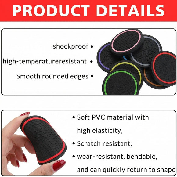 4PCS Car Cup Holder Coasters Dustproof Automotive Interior Accessories Mat 2.75 Inch Non-Slip Insert Water Bottle Holder Pads Universal for Vehicles Trucks RVs and More (Black/Red)