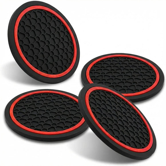 4PCS Car Cup Holder Coasters Dustproof Automotive Interior Accessories Mat 2.75 Inch Non-Slip Insert Water Bottle Holder Pads Universal for Vehicles Trucks RVs and More (Black/Red)