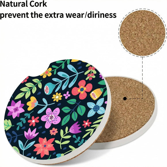 Cute Flowers Ceramic Cup Holders - Pack of 2 Keep Cup Holders Clean and Dry Drink Cup Car Holder Coasters with A Finger Notch