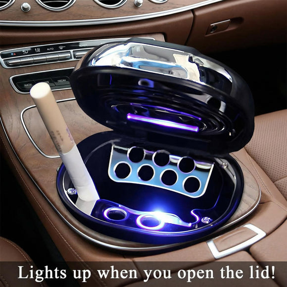 Car Ashtray with Lid Rechargeable Stainless Auto Ashtray with LED Light Indicator Portable Smell-Proof Ashtray Cup with Lid & Detachable Cigarette Lighter Car Accessories (Silver)