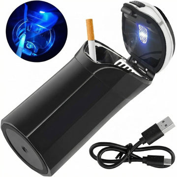 Car Ashtray with Lid Rechargeable Stainless Auto Ashtray with LED Light Indicator Portable Smell-Proof Ashtray Cup with Lid & Detachable Cigarette Lighter Car Accessories (Silver)