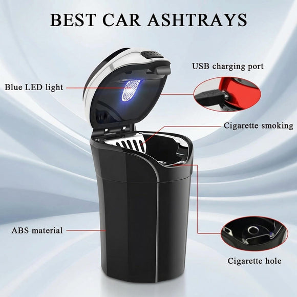 Car Ashtray with Lid Rechargeable Stainless Auto Ashtray with LED Light Indicator Portable Smell-Proof Ashtray Cup with Lid & Detachable Cigarette Lighter Car Accessories (Silver)