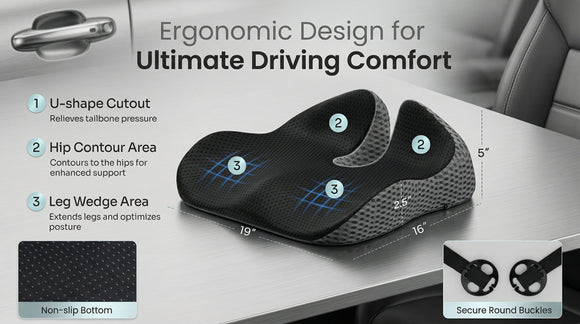 Gel Wedge Car Seat Cushion for Driving Relieves Tailbone Pain Composite Gel Memory Foam for Cool & Support Comfort Ergonomic Car Seat Pillow Elevated Back for Wider Vision Anti-Slip Design