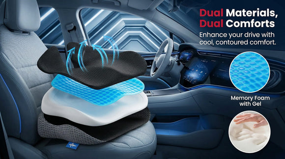 Gel Wedge Car Seat Cushion for Driving Relieves Tailbone Pain Composite Gel Memory Foam for Cool & Support Comfort Ergonomic Car Seat Pillow Elevated Back for Wider Vision Anti-Slip Design