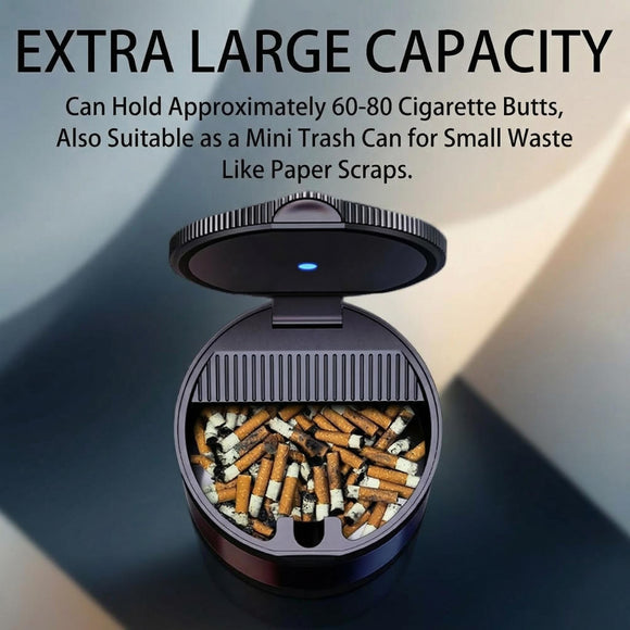 Ashtray with Lid Smell Proof Smokeless Ashtray for Cup Holder Cigar Ash Tray Detachable Stainless Steel Car Ash Tray with LED Auto Light for Most Car Office Home (Black)