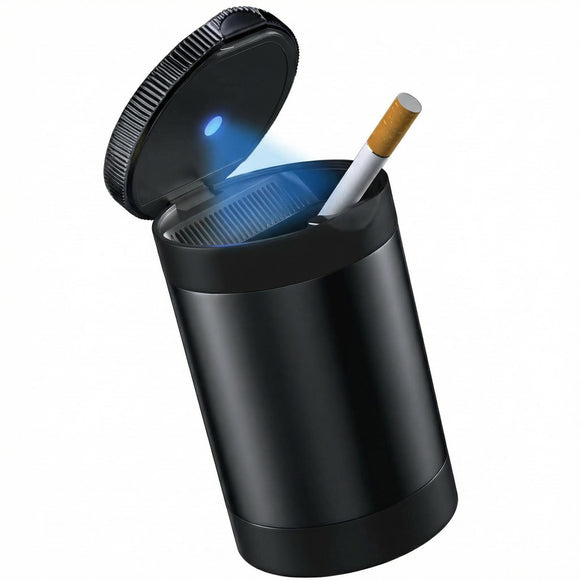 Ashtray with Lid Smell Proof Smokeless Ashtray for Cup Holder Cigar Ash Tray Detachable Stainless Steel Car Ash Tray with LED Auto Light for Most Car Office Home (Black)