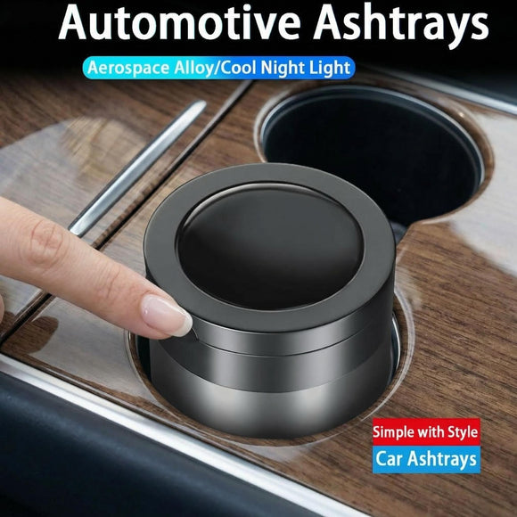 Car Ashtray Ash Tray with Lid Smell Proof Detachable Stainless Steel Cup Holder Ashtray with LED Auto Light for Most Car Office Home (Grey)
