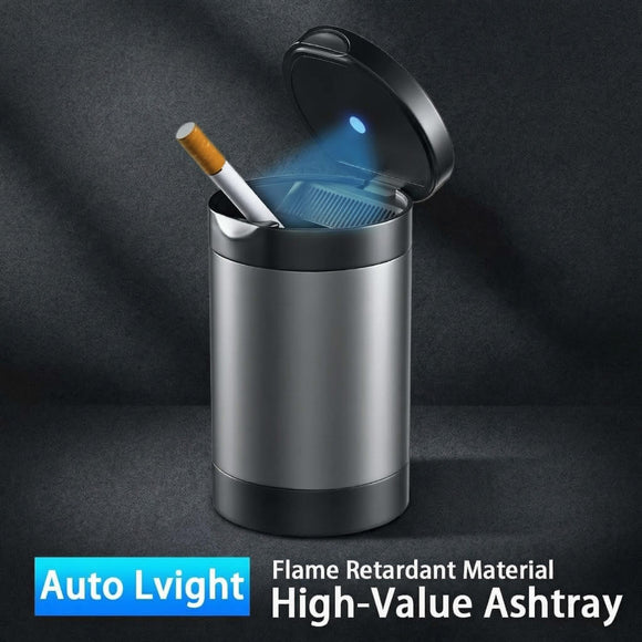 Car Ashtray Ash Tray with Lid Smell Proof Detachable Stainless Steel Cup Holder Ashtray with LED Auto Light for Most Car Office Home (Grey)