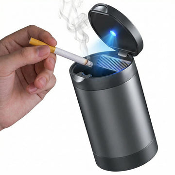 Car Ashtray Ash Tray with Lid Smell Proof Detachable Stainless Steel Cup Holder Ashtray with LED Auto Light for Most Car Office Home (Grey)