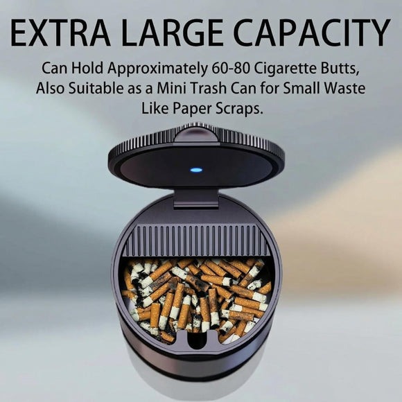 Ashtray with Lid Smokeless Ashtray for Cup Holder Smell Proof Detachable Stainless Steel Car Ash Tray with LED Auto Light for Most Car Office Home (Grey)