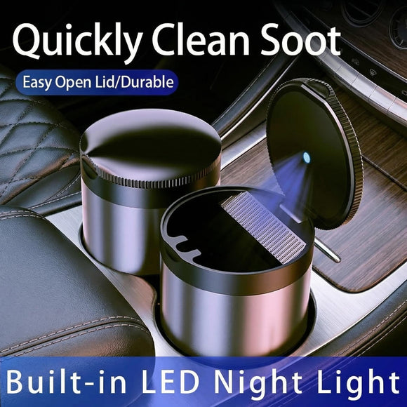 Ashtray with Lid Smokeless Ashtray for Cup Holder Smell Proof Detachable Stainless Steel Car Ash Tray with LED Auto Light for Most Car Office Home (Grey)