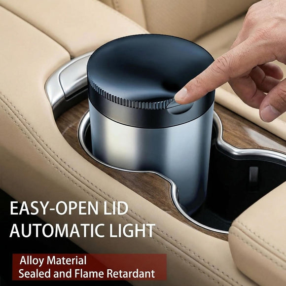 Ashtray with Lid Smokeless Ashtray for Cup Holder Smell Proof Detachable Stainless Steel Car Ash Tray with LED Auto Light for Most Car Office Home (Grey)