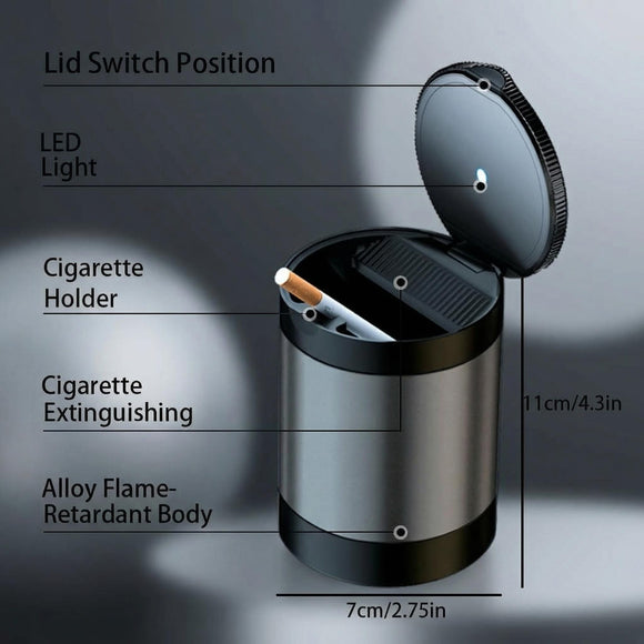 Ashtray with Lid Smokeless Ashtray for Cup Holder Smell Proof Detachable Stainless Steel Car Ash Tray with LED Auto Light for Most Car Office Home (Grey)