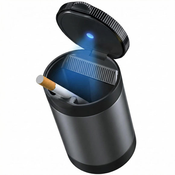 Ashtray with Lid Smokeless Ashtray for Cup Holder Smell Proof Detachable Stainless Steel Car Ash Tray with LED Auto Light for Most Car Office Home (Grey)