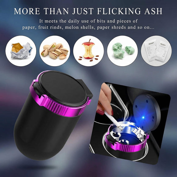 Car Ashtray with Lid Detachable Stainless Steel Ash Tray with LED Blue Light Portable Mini Vehicle Cup Holder Trash Can Smell Proof Ashtray Cup Universal Car Accessories (Purple)