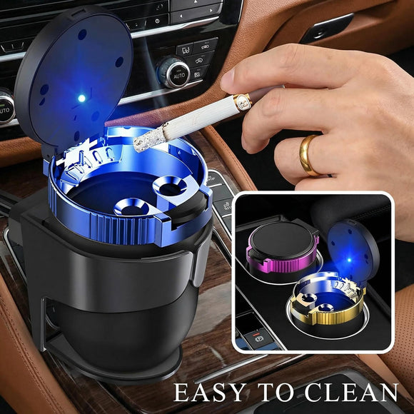Car Ashtray with Lid Detachable Stainless Steel Ash Tray with LED Blue Light Portable Mini Vehicle Cup Holder Trash Can Smell Proof Ashtray Cup Universal Car Accessories (Purple)