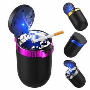 Car Ashtray with Lid Detachable Stainless Steel Ash Tray with LED Blue Light Portable Mini Vehicle Cup Holder Trash Can Smell Proof Ashtray Cup Universal Car Accessories (Purple)