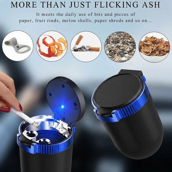 Car Ashtray with Lid Detachable Stainless Steel Ash Tray with LED Blue Light Portable Mini Vehicle Cup Holder Trash Can Smell Proof Ashtray Cup Universal Car Accessories (Blue)