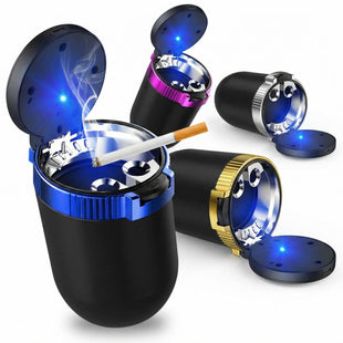 Car Ashtray with Lid Detachable Stainless Steel Ash Tray with LED Blue Light Portable Mini Vehicle Cup Holder Trash Can Smell Proof Ashtray Cup Universal Car Accessories (Blue)