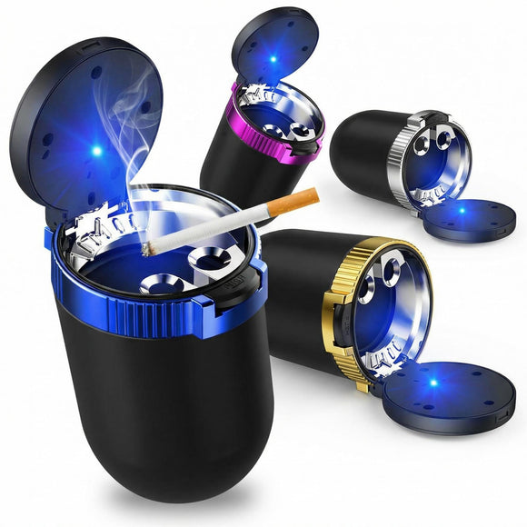 Car Ashtray with Lid Detachable Stainless Steel Ash Tray with LED Blue Light Portable Mini Vehicle Cup Holder Trash Can Smell Proof Ashtray Cup Universal Car Accessories (Blue)