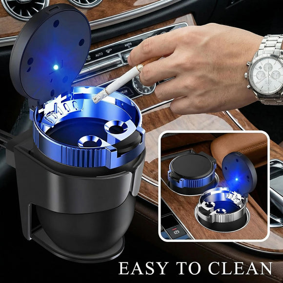 Car Ashtray with Lid Detachable Stainless Steel Ash Tray with LED Blue Light Portable Mini Vehicle Cup Holder Trash Can Smell Proof Ashtray Cup Universal Car Accessories (Blue)