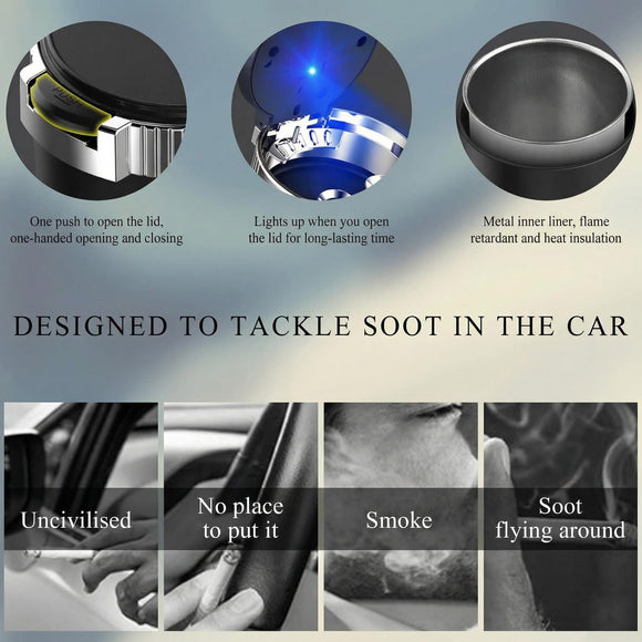 Car Ashtray with Lid Detachable Stainless Steel Ash Tray with LED Blue Light Portable Mini Vehicle Cup Holder Trash Can Smell Proof Ashtray Cup Universal Car Accessories (Blue)