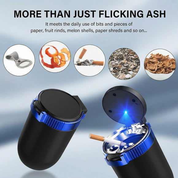 Car Ashtray with Lid Detachable Stainless Smokeless Auto Ashtray with LED Blue Light Portable Mini Trash Can for Cup Holder Universal Vehicle Interior Accessories (Blue)
