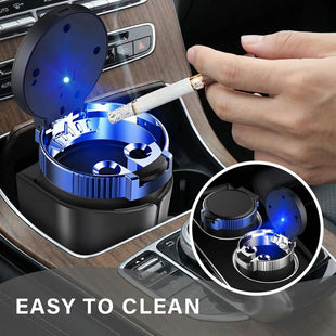 Car Ashtray with Lid Detachable Stainless Smokeless Auto Ashtray with LED Blue Light Portable Mini Trash Can for Cup Holder Universal Vehicle Interior Accessories (Blue)