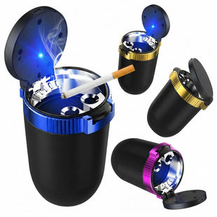 Car Ashtray with Lid Detachable Stainless Smokeless Auto Ashtray with LED Blue Light Portable Mini Trash Can for Cup Holder Universal Vehicle Interior Accessories (Blue)