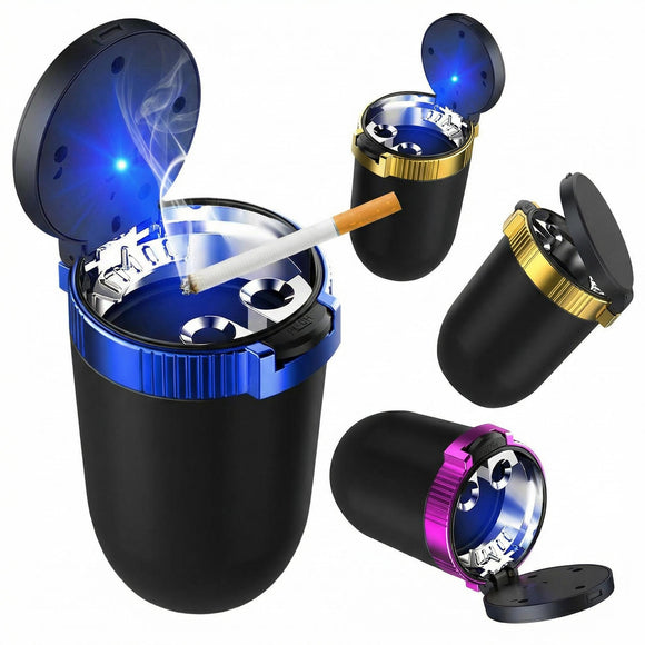 Car Ashtray with Lid Detachable Stainless Smokeless Auto Ashtray with LED Blue Light Portable Mini Trash Can for Cup Holder Universal Vehicle Interior Accessories (Blue)