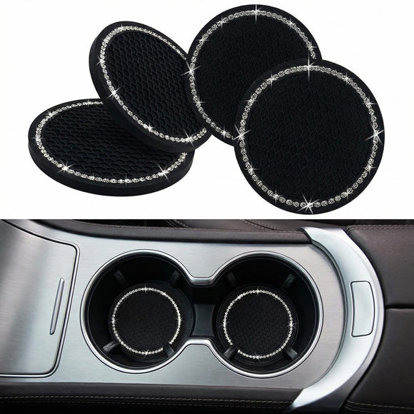 Bling Car Cup Coaster 2.75 Inch Anti Slip Shockproof Embedded Drink Mat Dustproof Automotive Interior Accessories Mat Universal for Vehicles Trucks RVs and More (Black 4 PCS)