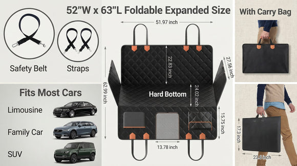 Hard Bottom Car Seat Cover for Dogs Waterproof Dog Seat Cover for Back Seat Extender Scratch-Proof and Anti-Slip Car Dog Hammock for Large Dogs SUV Black(Holds 500 Lbs)