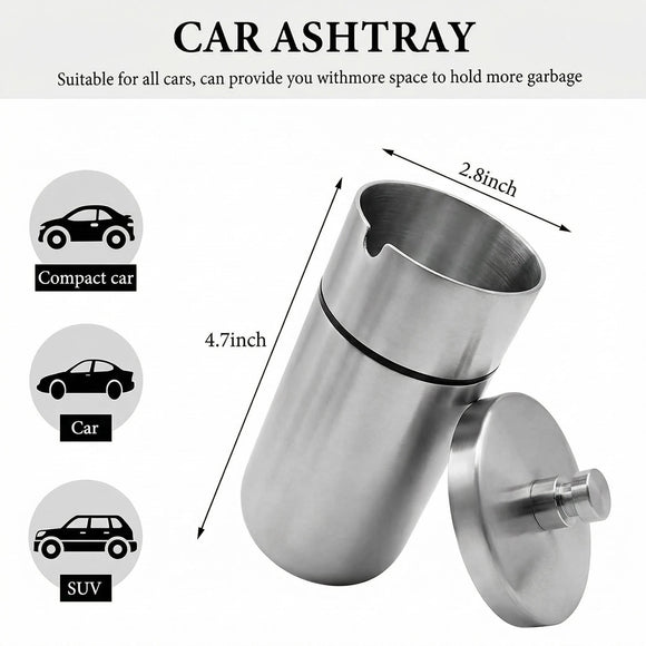 Car Ashtray with Lid Stainless Steel Durable Smokeless Smell Proof Ash Tray for Car Cup Detachable Portable Windproof Extinguished Butt Bucket Ash Tray for Vehicle Home Office (Silver Large)