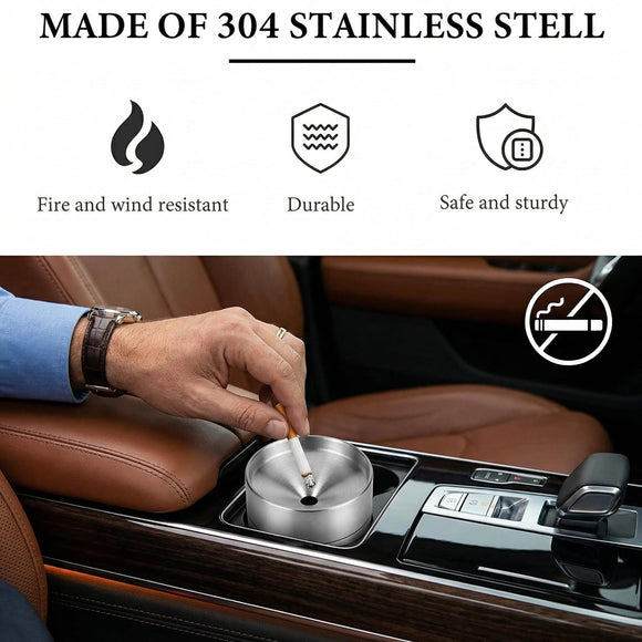 Car Ashtray with Lid Stainless Steel Durable Smokeless Smell Proof Ash Tray for Car Cup Detachable Portable Windproof Extinguished Butt Bucket Ash Tray for Vehicle Home Office (Silver Large)
