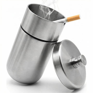 Car Ashtray with Lid Stainless Steel Durable Smokeless Smell Proof Ash Tray for Car Cup Detachable Portable Windproof Extinguished Butt Bucket Ash Tray for Vehicle Home Office (Silver Large)
