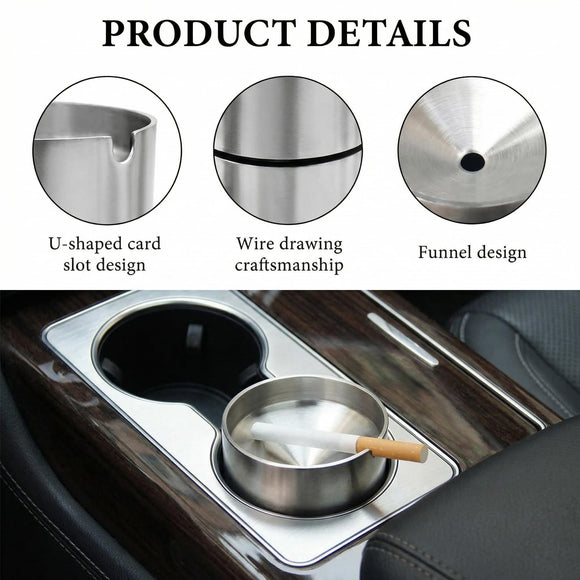Car Ashtray with Lid Stainless Steel Durable Smokeless Smell Proof Ash Tray for Car Cup Detachable Portable Windproof Extinguished Butt Bucket Ash Tray for Vehicle Home Office (Silver Large)