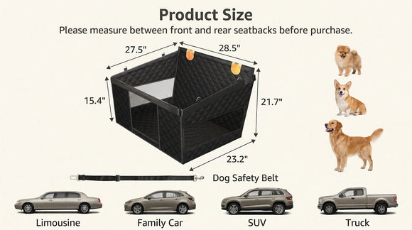 Large Dog Car Seat Back Seat Extender for Dogs with 3 Mesh Windows Waterproof Medium Carseat for Dogs with Hard Bottom Pet Seat Cover for Cars Trucks and SUVs (Black)