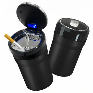 Car Ashtray with Lid Easy Clean Up Detachable Smokeless Ashtray with LED Blue Light Portable Mini Ash Tray Cup Holder for Car Home Office Travel Interior Auto Accessories (Black Larger)
