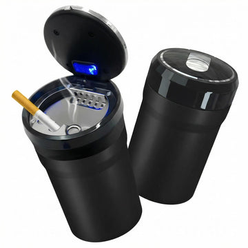 Car Ashtray with Lid Easy Clean Up Detachable Smokeless Ashtray with LED Blue Light Portable Mini Ash Tray Cup Holder for Car Home Office Travel Interior Auto Accessories (Black Larger)