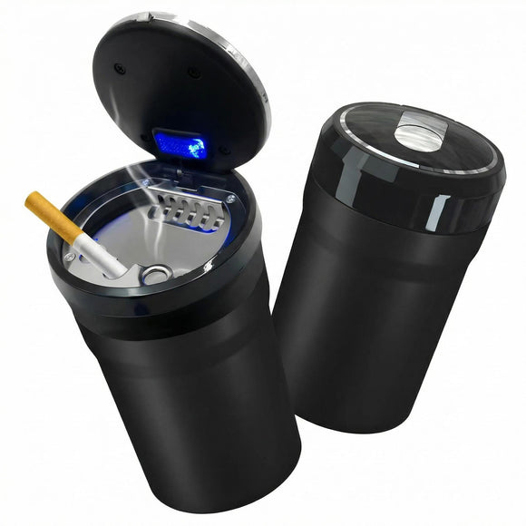 Car Ashtray with Lid Easy Clean Up Detachable Smokeless Ashtray with LED Blue Light Portable Mini Ash Tray Cup Holder for Car Home Office Travel Interior Auto Accessories (Black Larger)