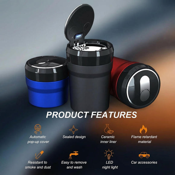 Car Ashtray with Lid Easy Clean Up Detachable Smokeless Ashtray with LED Blue Light Portable Mini Ash Tray Cup Holder for Car Home Office Travel Interior Auto Accessories (Black Larger)