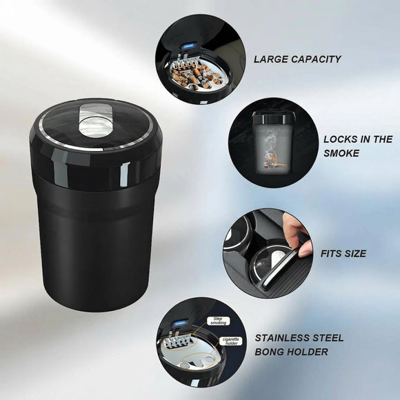 Car Ashtray with Lid Easy Clean Up Detachable Smokeless Ashtray with LED Blue Light Portable Mini Ash Tray Cup Holder for Car Home Office Travel Interior Auto Accessories (Black Larger)