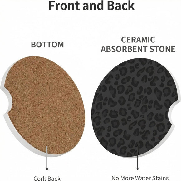 Car Coasters for Cup Holders 2 Pack Absorbent Ceramics Anti Slip Universal 2.56 Inch Car Cup Coaster for Women Men Car Interior Accessories - Black Leopard Cheetah Print