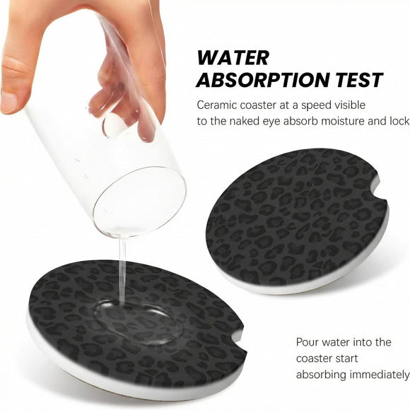 Car Coasters for Cup Holders 2 Pack Absorbent Ceramics Anti Slip Universal 2.56 Inch Car Cup Coaster for Women Men Car Interior Accessories - Black Leopard Cheetah Print