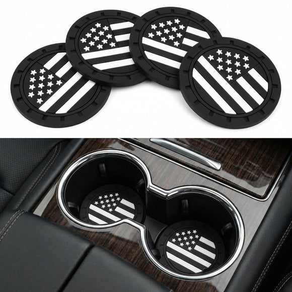 Car Cup Holder Coaster American Flag Non-Slip Insert Car Cup Coaster Car Accessories Interior for Women and Man 4 Pack Black