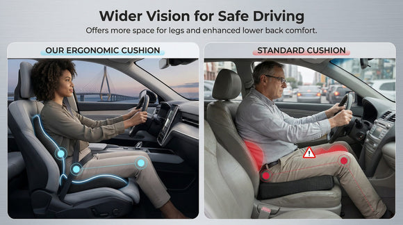 Leather Car Seat Cushion for Driving Relieves Tailbone & Thigh Pain Ergonomic Dual Memory Foam Seat Cushion for Car Raised Back for Wider Vision Rub-Resistant & Easy-to-Clean Cover Non-Slip
