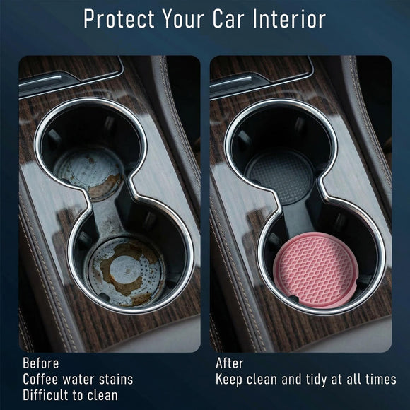 Car Cup Holder Coaster 4 Pack - Non Slip & Shockproof Flexible PVC Rubber Insert for Car/Truck/SUV/Van (2.75x0.2) Universal Fit Auto Cup Holders Accessories for Women and Man (Pink)