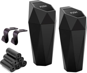 Car Cup Holder Trash Can, Leakproof Mini Trash with Lid and 90 Bags, 2 Pack for Car and Home with 2 ABS Hooks, Black