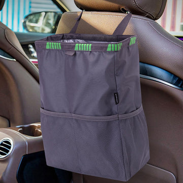 Car Trash Bag Hanging, 3.5 Gallons Large Capacity Car Trash Can for SUV, Leakproof Car Garbage Bag for Back Seat, Car Accessories, Foldable Car Organizer with 4 Pockets for Camping Gray