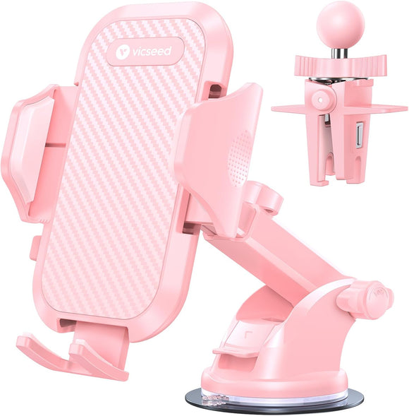 Phone Holders for Your Car [Super Suction Power & No-Wobbling] Universal Cell Phone Mount Dashboard Windshield Vent Long Arm Hands Free Cradle Fit for iPhone, Android - Hot Pink